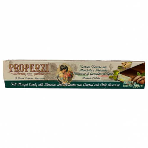 Properzi Torrone Tenero alle Mandorle e Pistacchi Ricoperto di Cioccolato al Latte